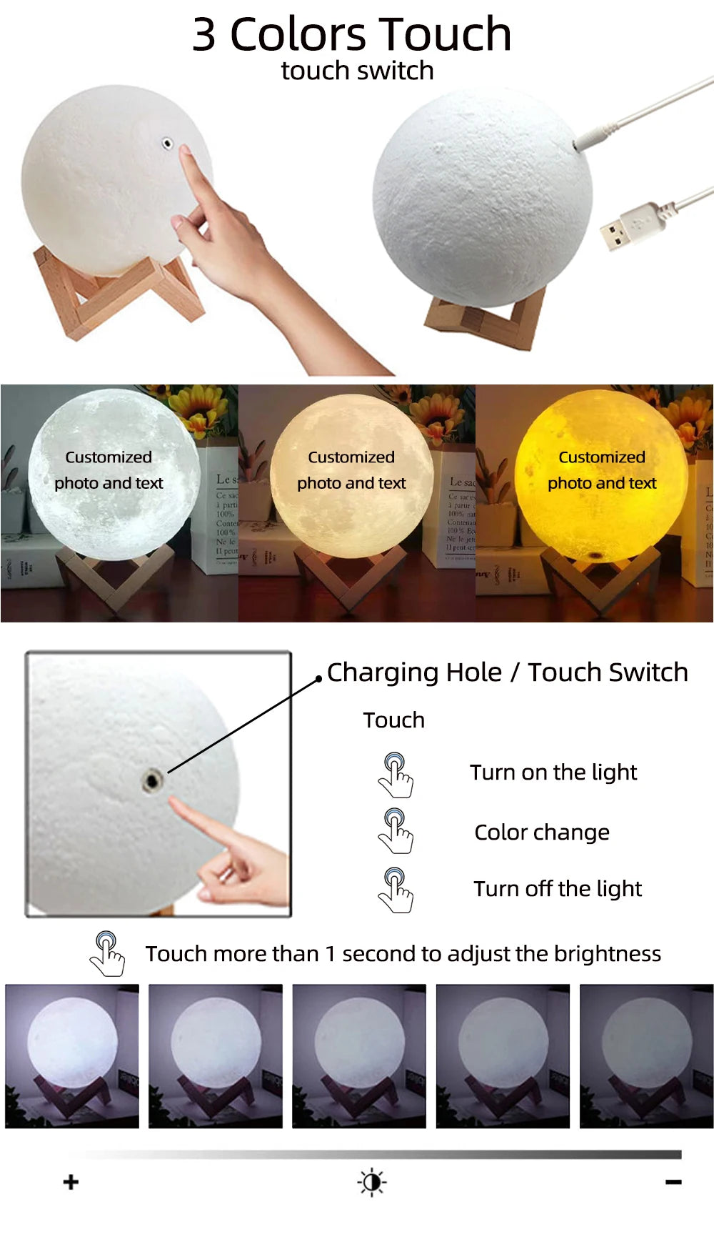 3D Printing Moon Lamp Personalized Photo Text Customized  USB Night Light Birthday Mother Day Valentine's Holiday Lunar Gift