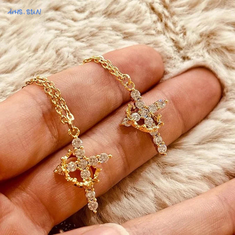 Rotatable Crown Cross Necklace