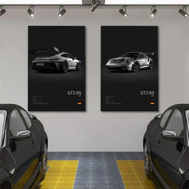 Black & White German Sports Car Canvas Poster – 911 GT3 RS Turbo