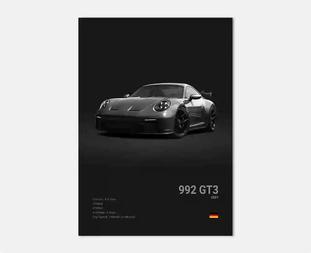 Black & White German Sports Car Canvas Poster – 911 GT3 RS Turbo