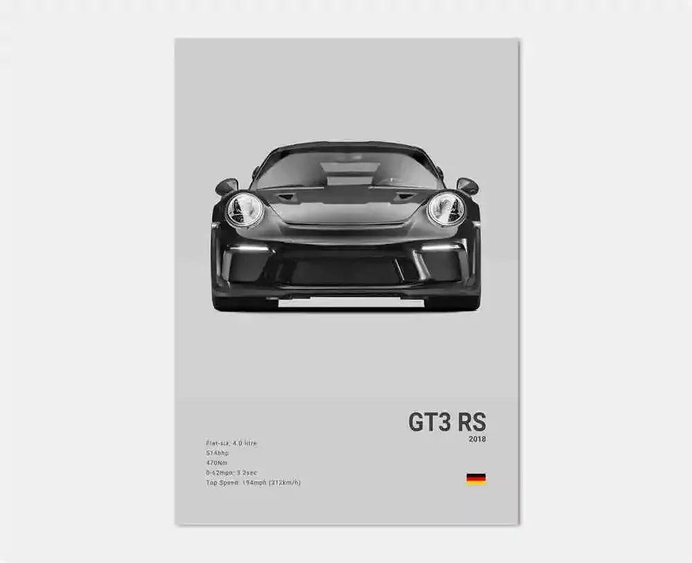 Black & White German Sports Car Canvas Poster – 911 GT3 RS Turbo