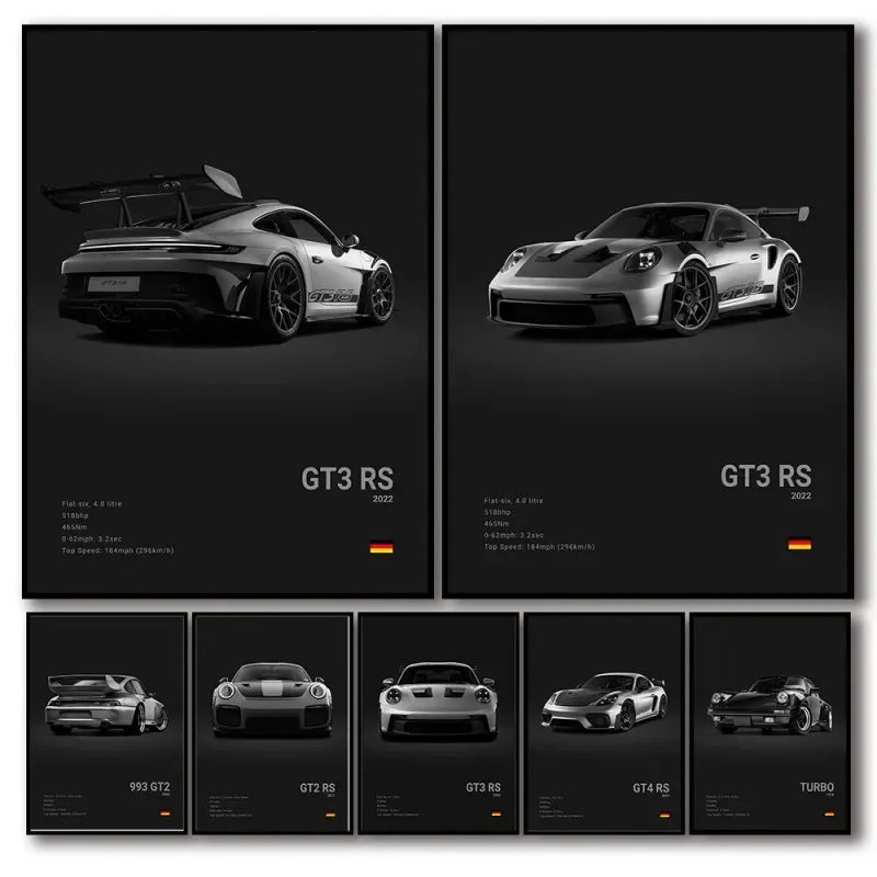 Black & White German Sports Car Canvas Poster – 911 GT3 RS Turbo