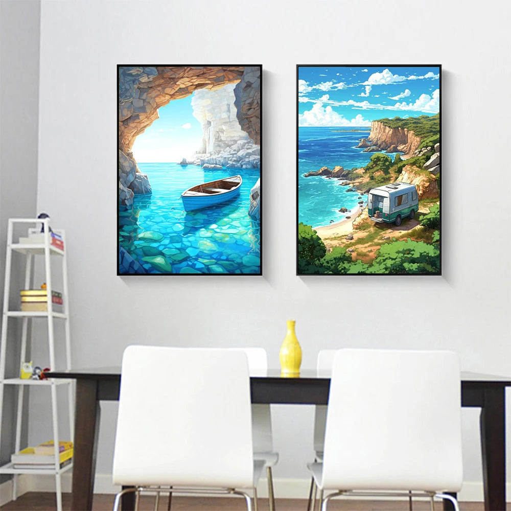 Blue Cabin Beach & Forest Canvas Wall Art