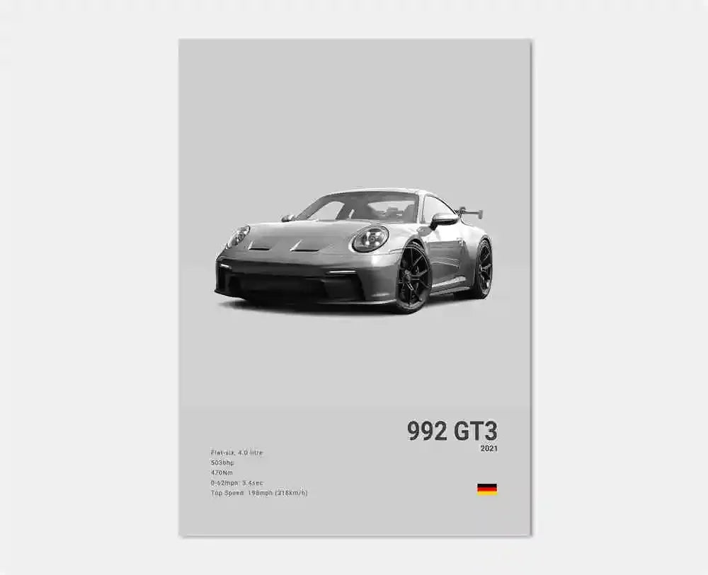 Black & White German Sports Car Canvas Poster – 911 GT3 RS Turbo