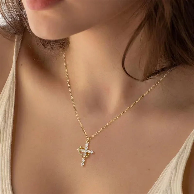 Rotatable Crown Cross Necklace