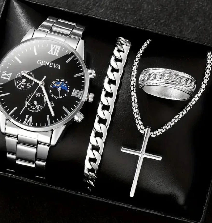 Men’s Fashion Quartz Watch & Accessories Set – 4PCS Elegance Collection