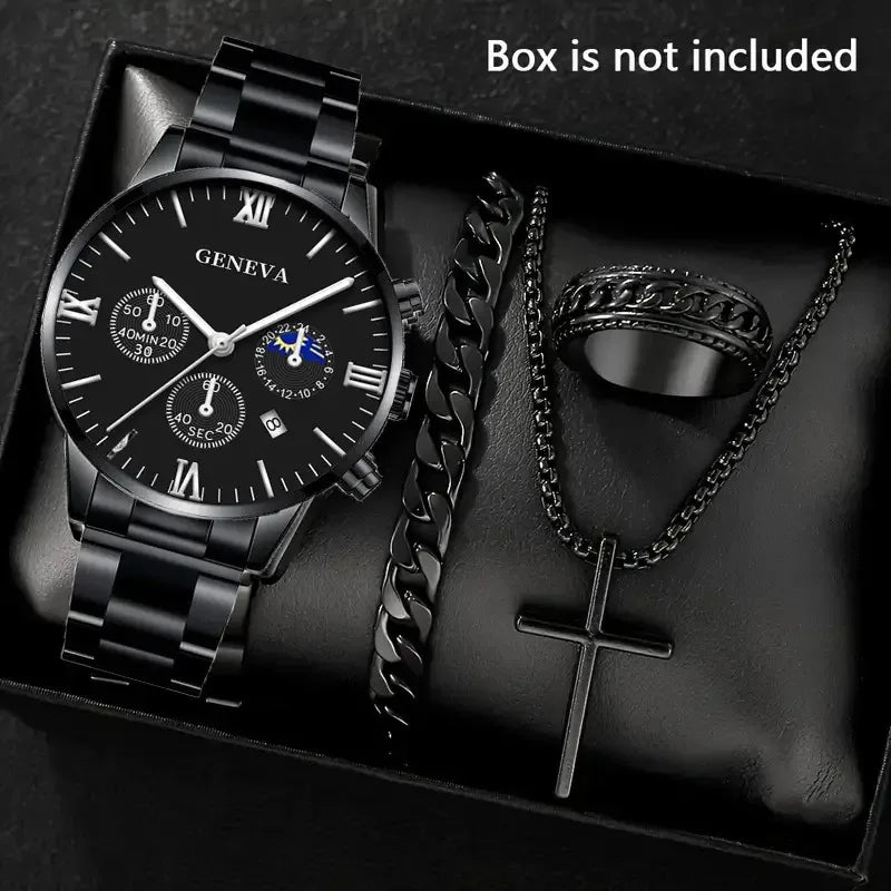 Men’s Fashion Quartz Watch & Accessories Set – 4PCS Elegance Collection