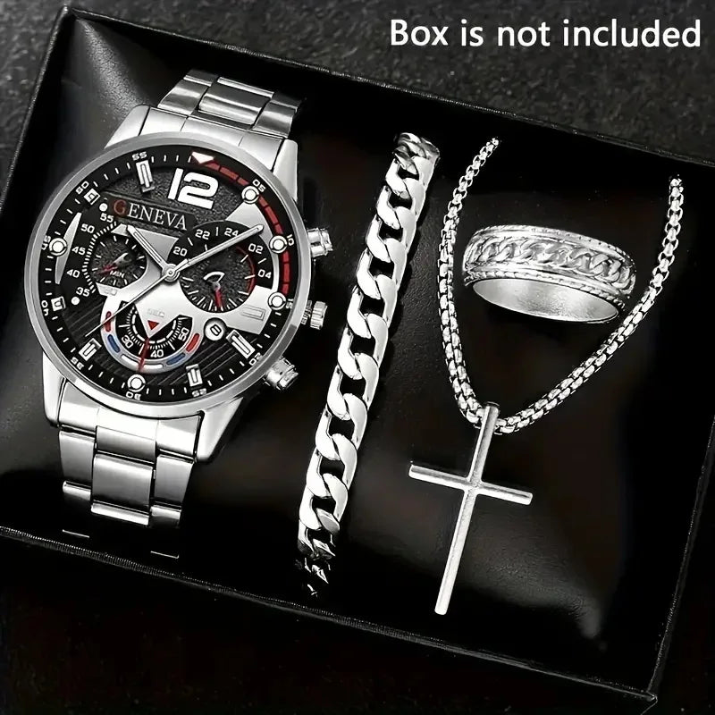 Men’s Fashion Quartz Watch & Accessories Set – 4PCS Elegance Collection