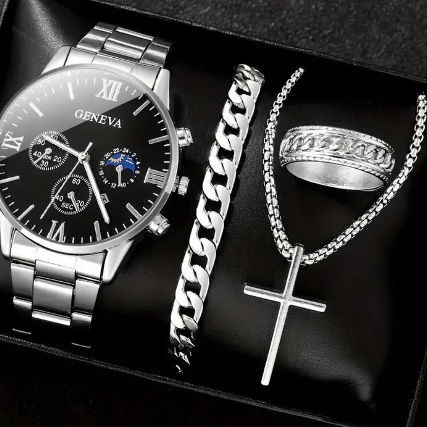 Men’s Fashion Quartz Watch & Accessories Set – 4PCS Elegance Collection