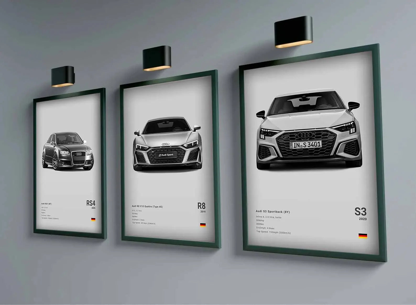 German Supercars Canvas Wall Art – RS3, R8, C8, GTR