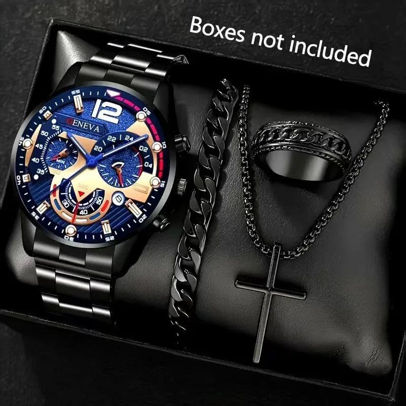 Men’s Fashion Quartz Watch & Accessories Set – 4PCS Elegance Collection