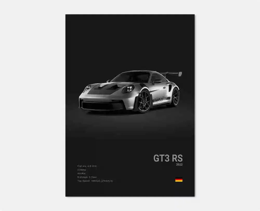Black & White German Sports Car Canvas Poster – 911 GT3 RS Turbo