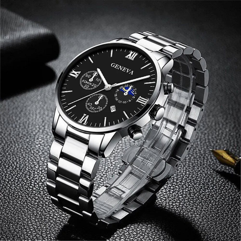 Men’s Fashion Quartz Watch & Accessories Set – 4PCS Elegance Collection
